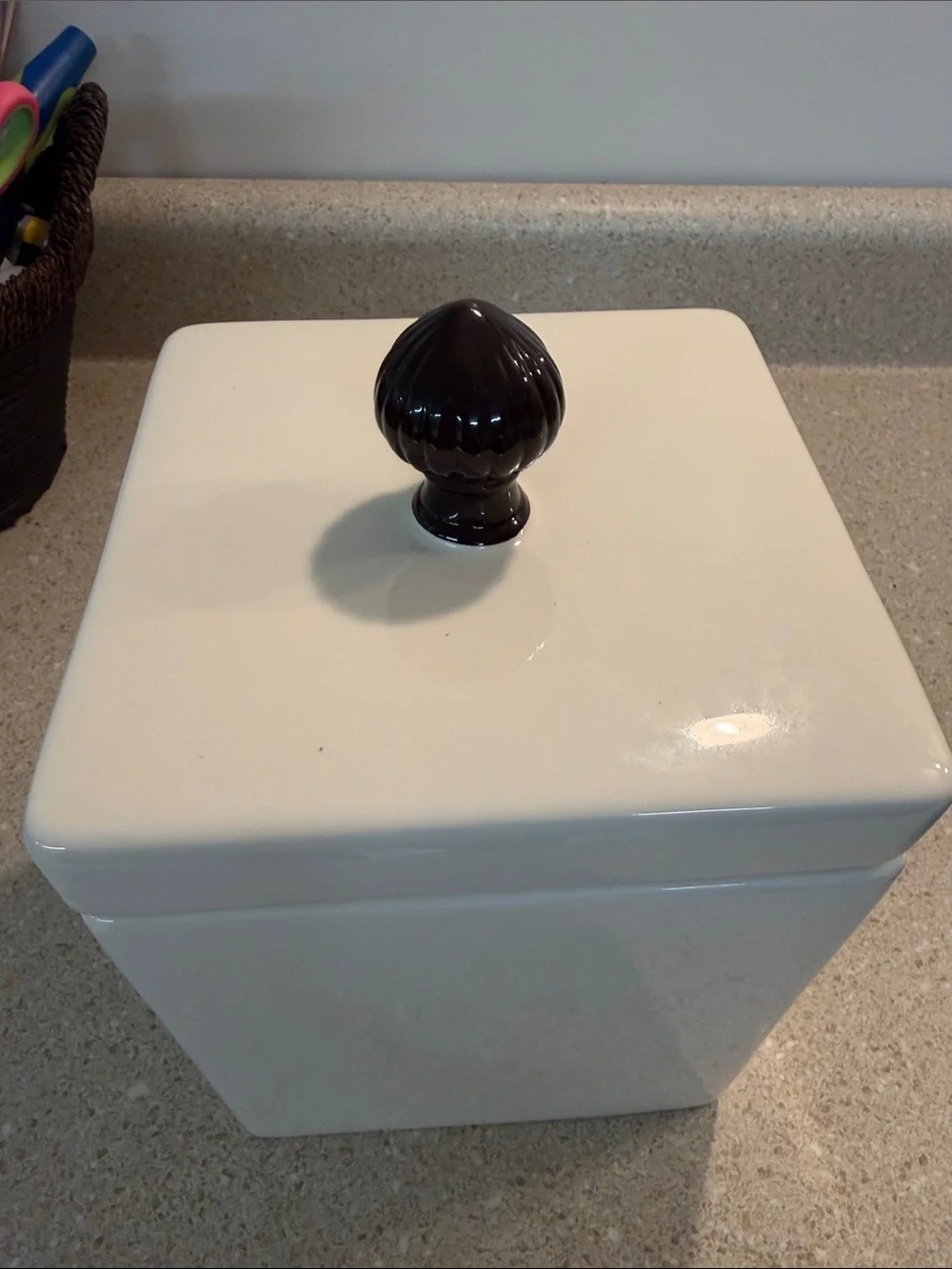 Home Essentials White Ceramic Bathroom Canister with Dark Brown Knob